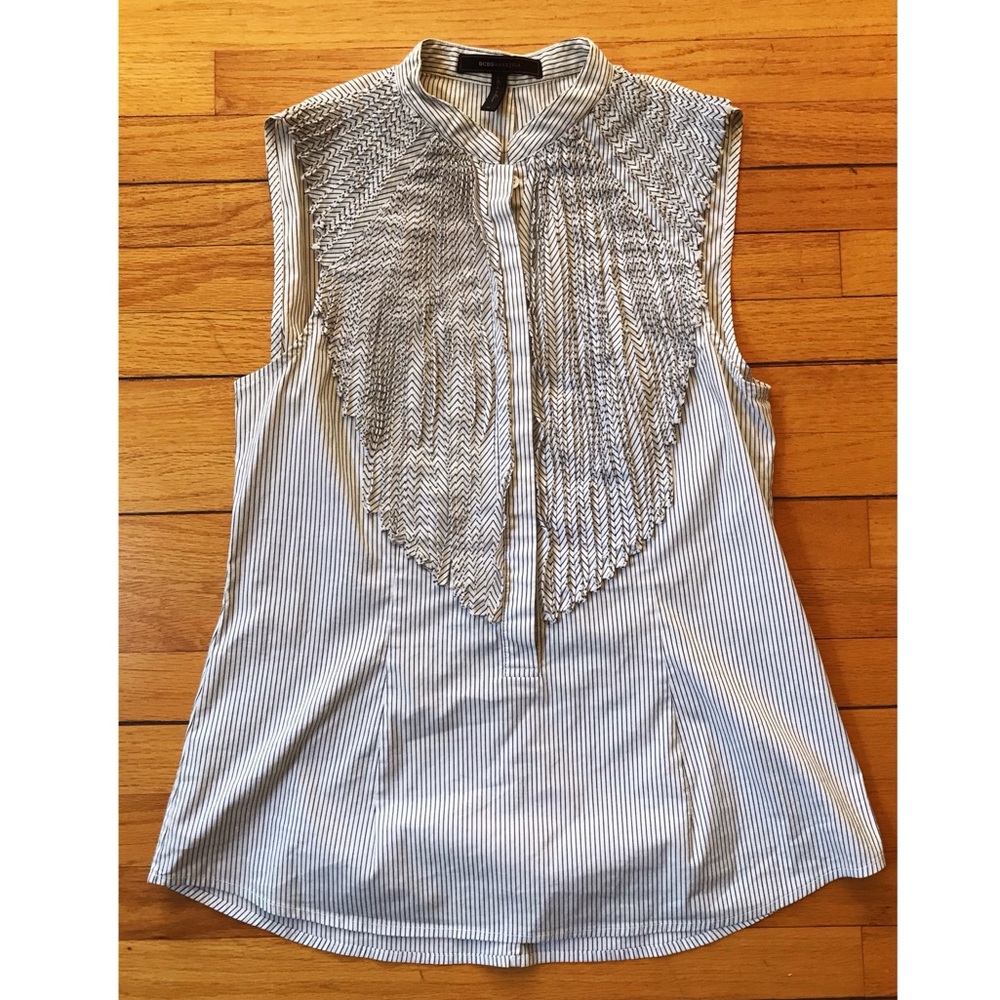 BCBG Sleeveless Striped Ruffled Top
